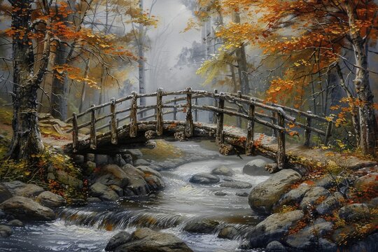 An artist captured the serene beauty of an old wooden bridge over a misty forest stream using oil paints.