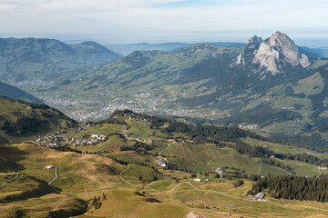 Stoos and Schwyz seen from summit of Klingenstock mountain, Switzerland. Swiss Alps view