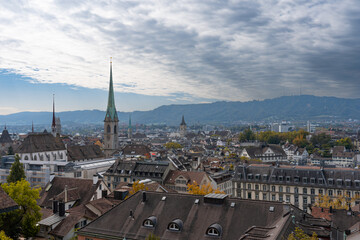 Zurich Old Town seen from Institute of Technology viewpoint, Switzerland. Uetliberg TV Tower in a...