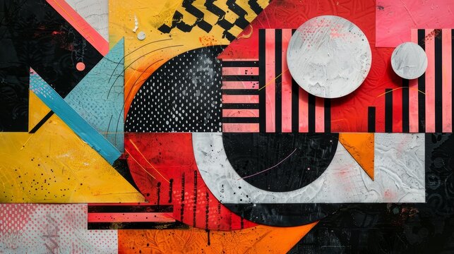 A colorful abstract painting with a black and white circle in the middle. The painting is a mix of different shapes and colors, with a red and yellow circle in the center. The painting has a bold