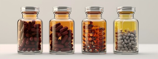 a group of pills in a glass bottle - obrazy, fototapety, plakaty