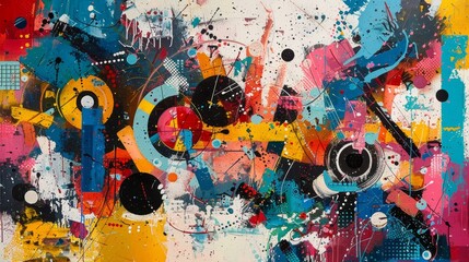 A colorful abstract painting with splatters of paint. The painting is a mix of different colors and shapes, creating a chaotic and energetic atmosphere