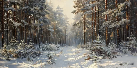 Fototapeten A tranquil winter path winds through the snowy pine forest, beckoning curious souls into the enchanting depths of the mysterious woods. © Kanisorn