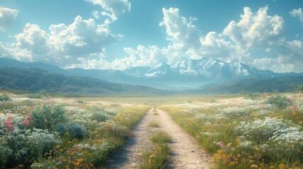 A road runs through a field of flowers and grass. The sky is cloudy, but the sun is shining through the clouds. Scene is peaceful and serene, with the beauty of nature on display
