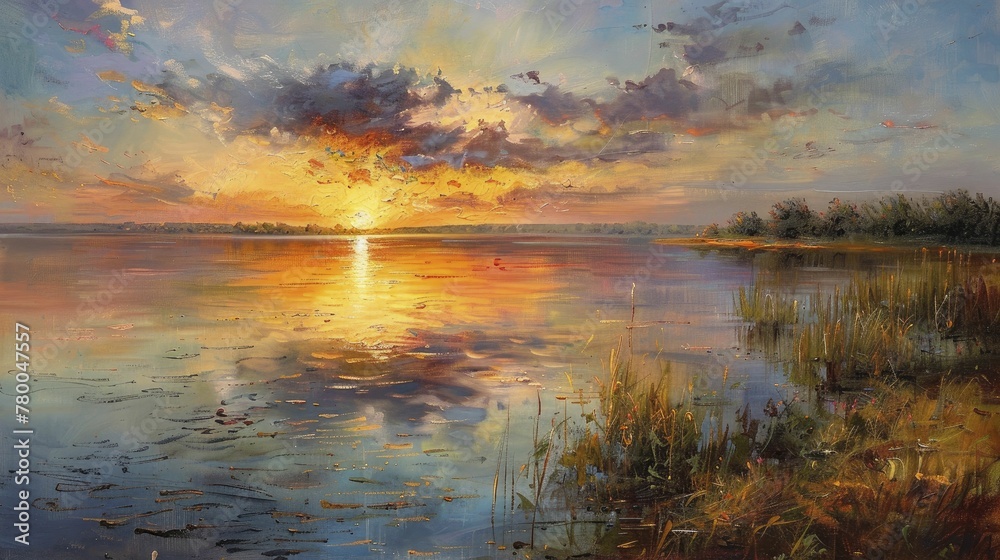 Canvas Prints The tranquil lake at dusk glows with hues of warmth, a masterpiece crafted in oil paints.