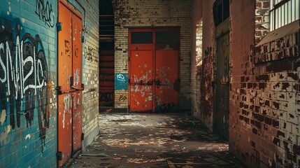 a hallway with red doors and graffiti