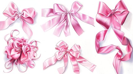 oil paintig realistic, clean and minimalist illustration of different pink bows and ribbons