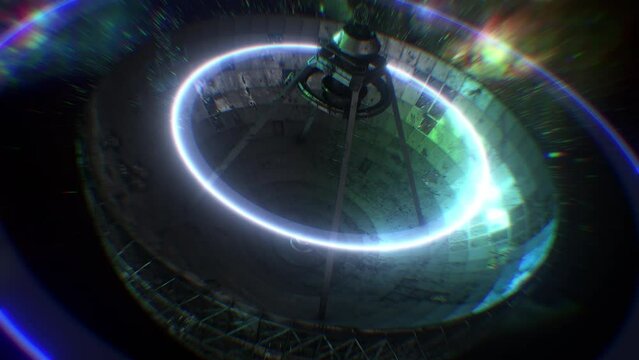 A large space satellite dish emitting glowing pulses to send out messages in the search for extraterrestrial life.