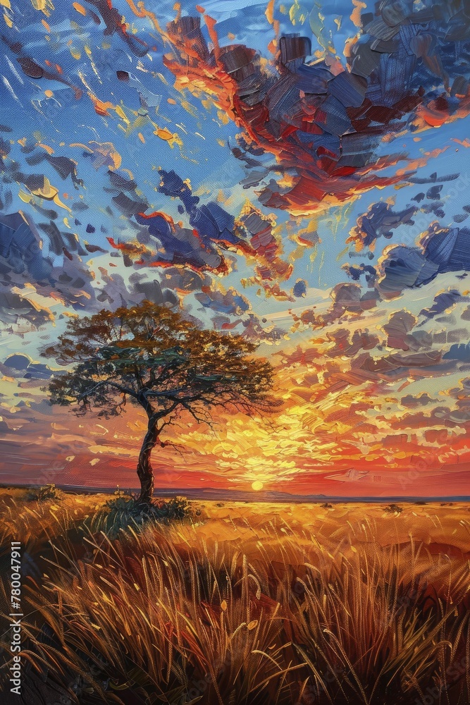 Sticker A mesmerizing scene unfolds as the lone acacia tree stands tall amidst the vast savannah, bathed in the hues of an oil-painted sunset sky.