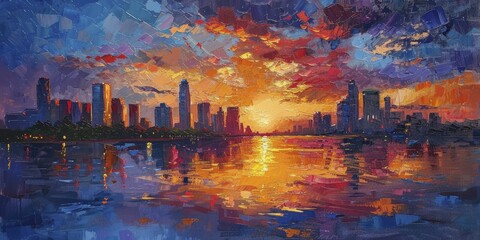 Vibrant sunset over city skyline with reflection in river, painted with oil paints. - obrazy, fototapety, plakaty