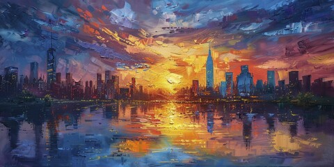 The oil-painted cityscape at sunset glows with vibrant hues and a reflective river mirroring the skyline's beauty. - obrazy, fototapety, plakaty