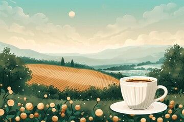 Sunrise coffee serenity, pastoral landscape with morning brew illustration - 780048199