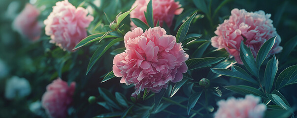Serene Blossoms: Close-Up of Pink Peony Flowers in a Lush Garden