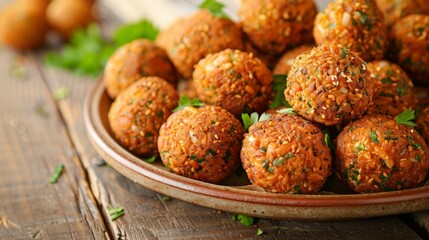 Close-up of fried falafel balls with herbs and sesame seeds on a plate