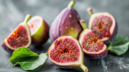 Fresh cut ripe purple figs with juicy halves and green leaves showcase natural gourmet exotic food