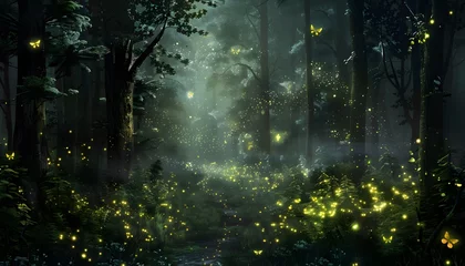 Crédence de cuisine en verre imprimé Forêt des fées a forest with fireflies in the air