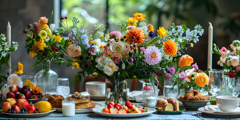 A beautifully decorated brunch table with flowers, creating an elegant and stylish atmosphere perfect for socializing or celebrating special occasions. - obrazy, fototapety, plakaty