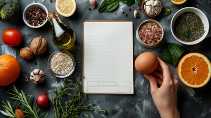 An infographic showing the ketogenic diet on a light table with dietary food and a notepad. - obrazy, fototapety, plakaty