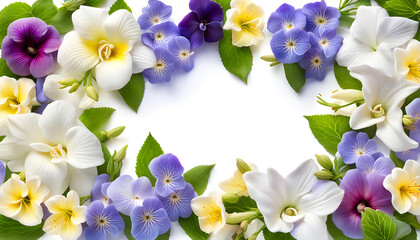 Wide border frame of lavender jasmine lily hollyhocks pansy and periwinkle flowers