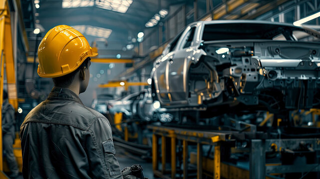 auto car engineer doing work, car engineer at the workstation with yellow helmet, hard worker at work