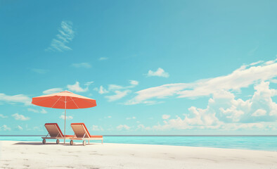 Serene Beach Scene with Sun Loungers and Umbrella, summer concept