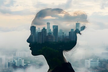 a silhouette of a woman with a city in the background