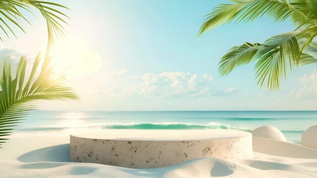 Beach podium background product summer sand display stand sea cosmetic. Product summer background podium beach sky scene presentation platform nature blue pedestal beauty water mockup stone palm sun
