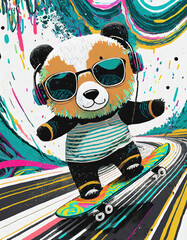 a cute Polar bear rides a skateboard on the road. Hand drawn vector illustration for children clothing	