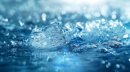 Close-up of an ice cube floating in clear water with bubbles, perfect for summer-themed designs. High-quality stock photo featuring a single ice cube in water with bubbles.