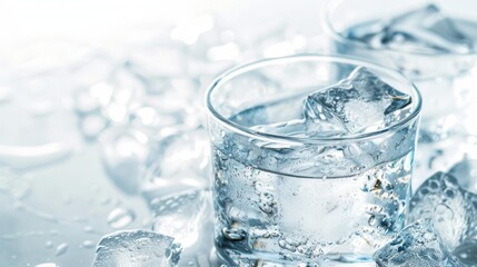 A glass of water with ice cubes, ideal for staying cool and hydrated. The clear glass on a white background highlights purity and freshness, perfect for quenching your thirst.