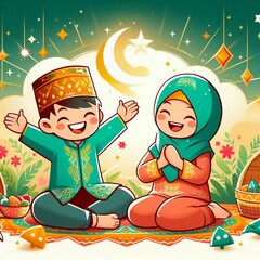 Naklejka premium Eid al-Fitr Festive Poster: Joyful Characters in Traditional Eid ul-Fitr Attire