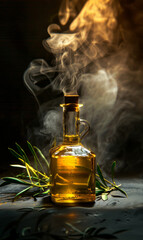 Glass bottle of herb-infused oil with smoke rising behind.