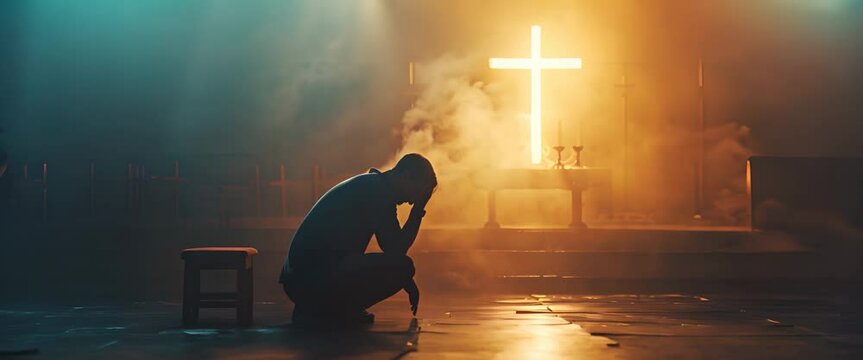 Christian man praying in front of the cross