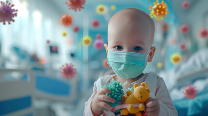 baby in protective medical mask in hospital