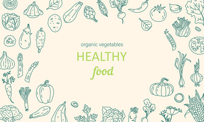  Organic healthy food, vector outline vegetables advertising banner for farmers market