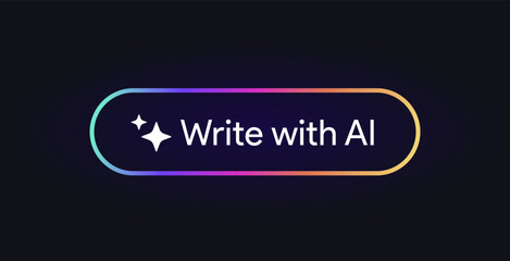 Write with AI button. Rewrite artificial intelligence toggle pushbutton. Generate tool sign. Magic stars logo. Machine learning text generator. Chatbot assistant. UI design. Vector illustration.  - obrazy, fototapety, plakaty