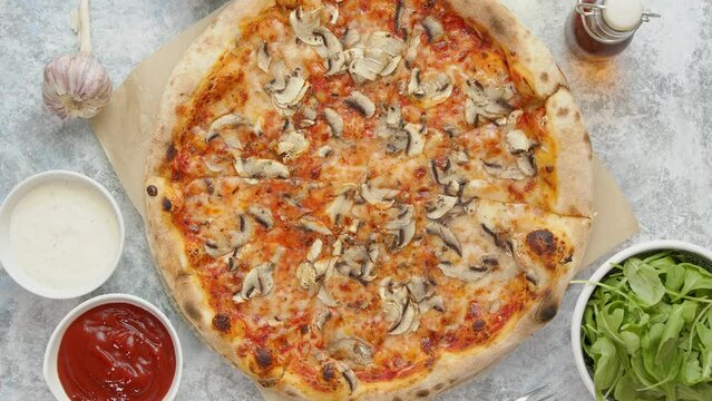 Delicious Mushroom Pizza with Fresh Ingredients on Table