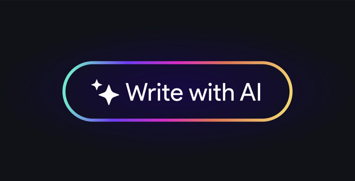 Write with AI button. Rewrite artificial intelligence toggle pushbutton. Generate tool sign. Magic stars logo. Machine learning text generator. Chatbot assistant. UI design. Vector illustration. 
