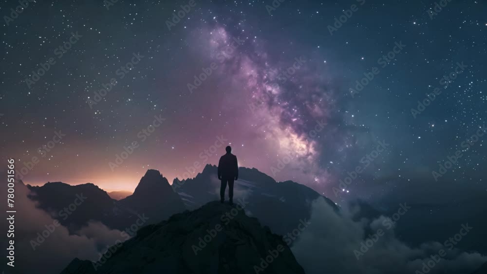 Canvas Prints man standing on the mountain at night with starry sky and milky way