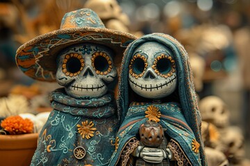 Obraz premium Colorful family of skeletons dressed in traditional outfits celebrating the Mexican Day of the Dead (Día de Muertos). The group stands against an autumnal backdrop with pumpkins