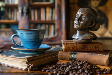 coffee cup on old books roasted beans, head bust brown blue indoors