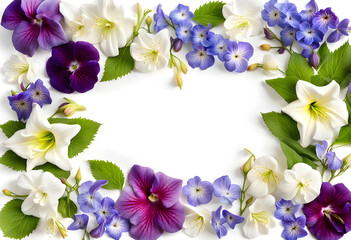 Beautiful border frame of wet jasmine lily hollyhocks pansy periwinkle and lavender flowers