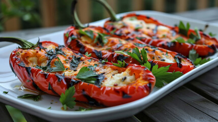 Baked stuffed red peppers with cheese and herbs - obrazy, fototapety, plakaty