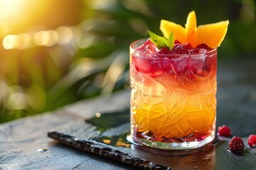 Colorful Drink With Oranges and Raspberries in a Glass