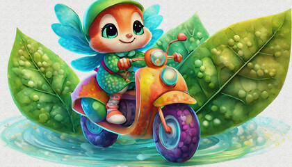 OIL PAINTING STYLE CARTOON CHARACTER CUTE baby ladybug on green leaf motorcycle isolated on white background