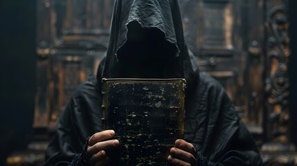 a person in a black robe holding a book - obrazy, fototapety, plakaty