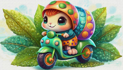 Obraz na płótnie Canvas OIL PAINTING STYLE CARTOON CHARACTER CUTE baby ladybug on green leaf motorcycle isolated on white background