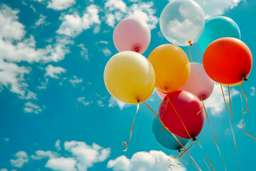 A cluster of helium balloons gracefully floating in the sky, denoting elation and party spirit on a clear day