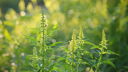 Blooming ragweed acts as an allergen for individuals with allergies during the warm season - obrazy, fototapety, plakaty