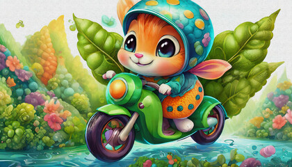 OIL PAINTING STYLE CARTOON CHARACTER CUTE baby ladybug on green leaf motorcycle isolated on white background